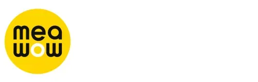 Yellow circle with black lowercase letters spelling 'mea' on top and 'w w' below, with a white 'o' in the middle.