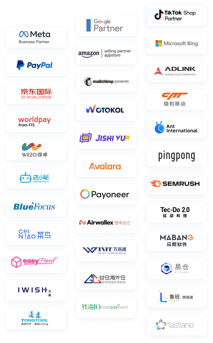 Grid of 30 business and technology partner logos including Meta, Google Partner, TikTok Shop Partner, PayPal, Amazon selling partner appstore, Microsoft Bing, and others.