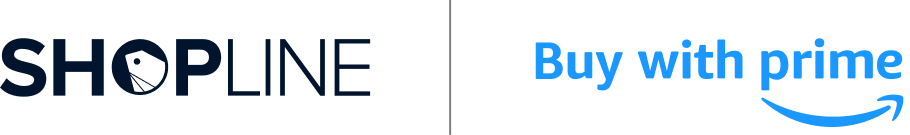 SHOPLINE logo next to the blue Amazon Prime text 'Buy with prime' with an arrow smile underneath.
