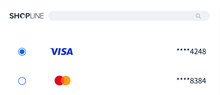 Payment method selection with Visa card ending in 4248 selected and Mastercard card ending in 8384 unselected, under SHOPLINE header with search icon.