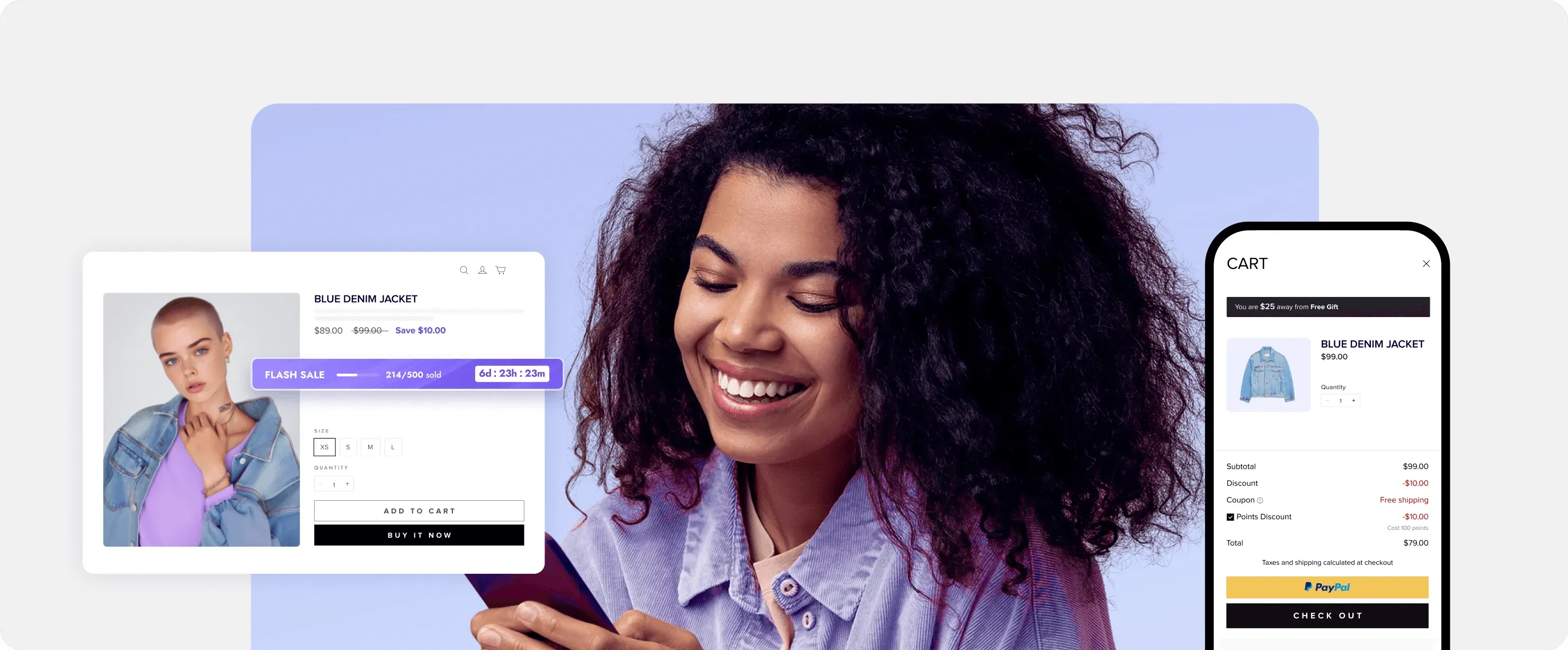 A laughing girl is browing her phone to shop jackets