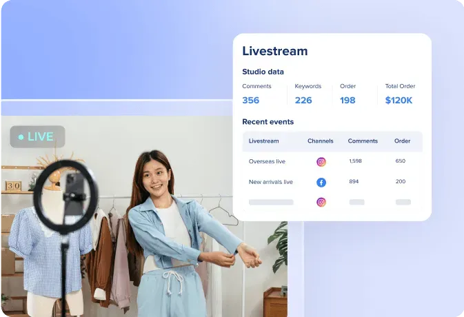 Young woman livestreaming in a fashion studio with clothing racks and ring light, alongside an overlay showing livestream metrics and recent events.