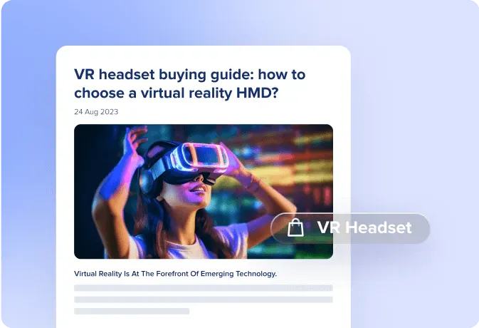 Woman wearing a VR headset with colorful neon lights in the background, accompanied by text about a VR headset buying guide.