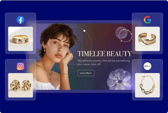 Woman wearing gold jewelry with text 'TIMELEE BEAUTY' and social media icons showcasing various gold jewelry pieces.