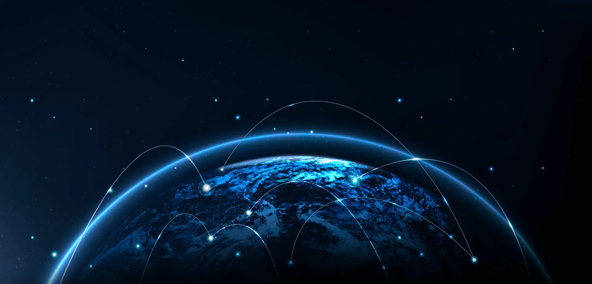 Digital illustration of Earth from space with glowing blue arcs representing global network connections.