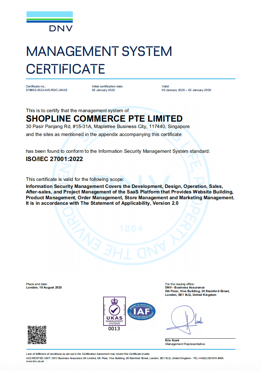 DNV Management System Certificate for Shopline Commerce Pte Limited, valid from January 3, 2023 to January 2, 2029, certifying conformity to ISO/IEC 27001:2022 for information security management across SaaS platform development, sales, product and marketing management.