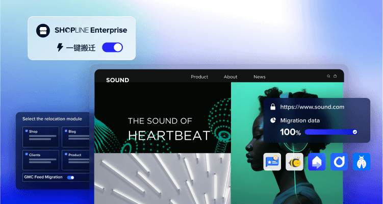 User interface showing SHOPLINE Enterprise migration toggle, relocation module options, a website preview for SOUND with migration data at 100%, and various app icons on a blue gradient background.