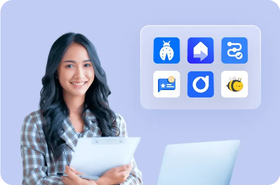 Smiling woman with long dark hair holding a clipboard, standing near a laptop with floating icons for bug, home, checklist, chat, timer, and bee on a light purple background.