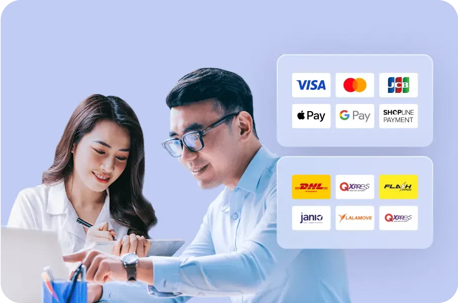 A man and woman smiling and working together with a laptop, accompanied by icons of payment methods including Visa, Mastercard, JCB, Apple Pay, Google Pay, SHOPLINE Payment, and delivery services like DHL, QXpress, Flash Express, Janio, and Lalamove.