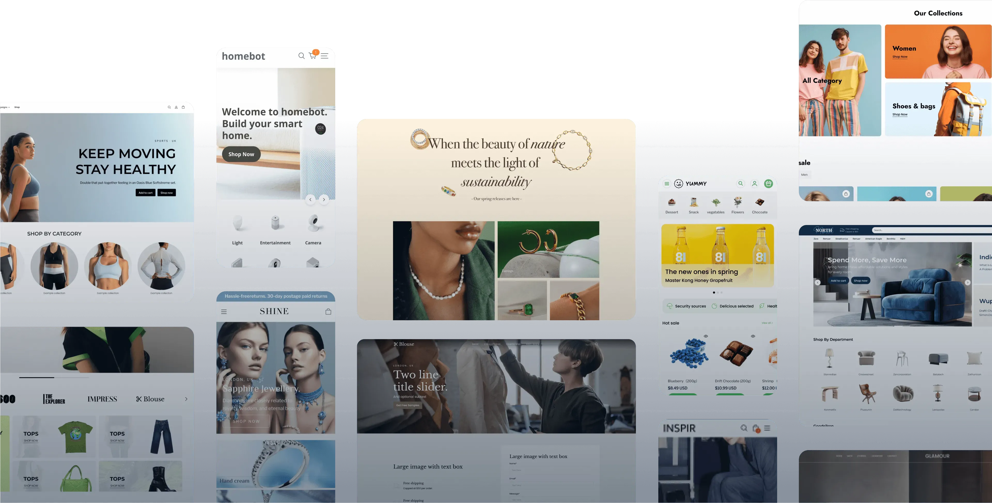 Collage of various website homepage designs featuring fashion, smart home, jewelry, furniture, and food products.