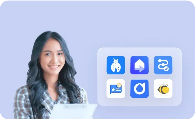 Smiling woman with long dark hair holding a clipboard, next to a panel showing six colorful app icons on a light blue background.