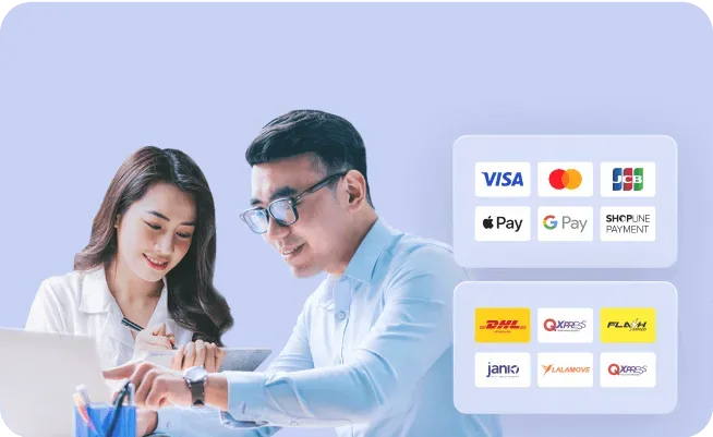 Two people collaborating at a desk with laptop, showing logos of payment methods Visa, Mastercard, JCB, Apple Pay, Google Pay, and Shopline Payment, plus shipping companies DHL, Qxpress, Flash Express, J&T, and Lalamove.