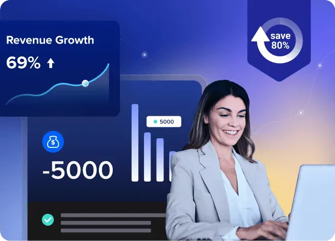 Smiling woman in a light gray blazer working on a laptop with digital graphics showing 69% revenue growth and an 80% savings symbol.
