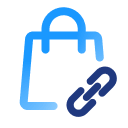 Blue shopping bag icon with a chain link symbol representing product links.