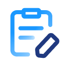 Blue clipboard icon with three horizontal lines and a pencil indicating editing or writing.