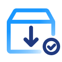 Blue icon of an open box with a downward arrow and a checkmark, symbolizing installation or successful download.