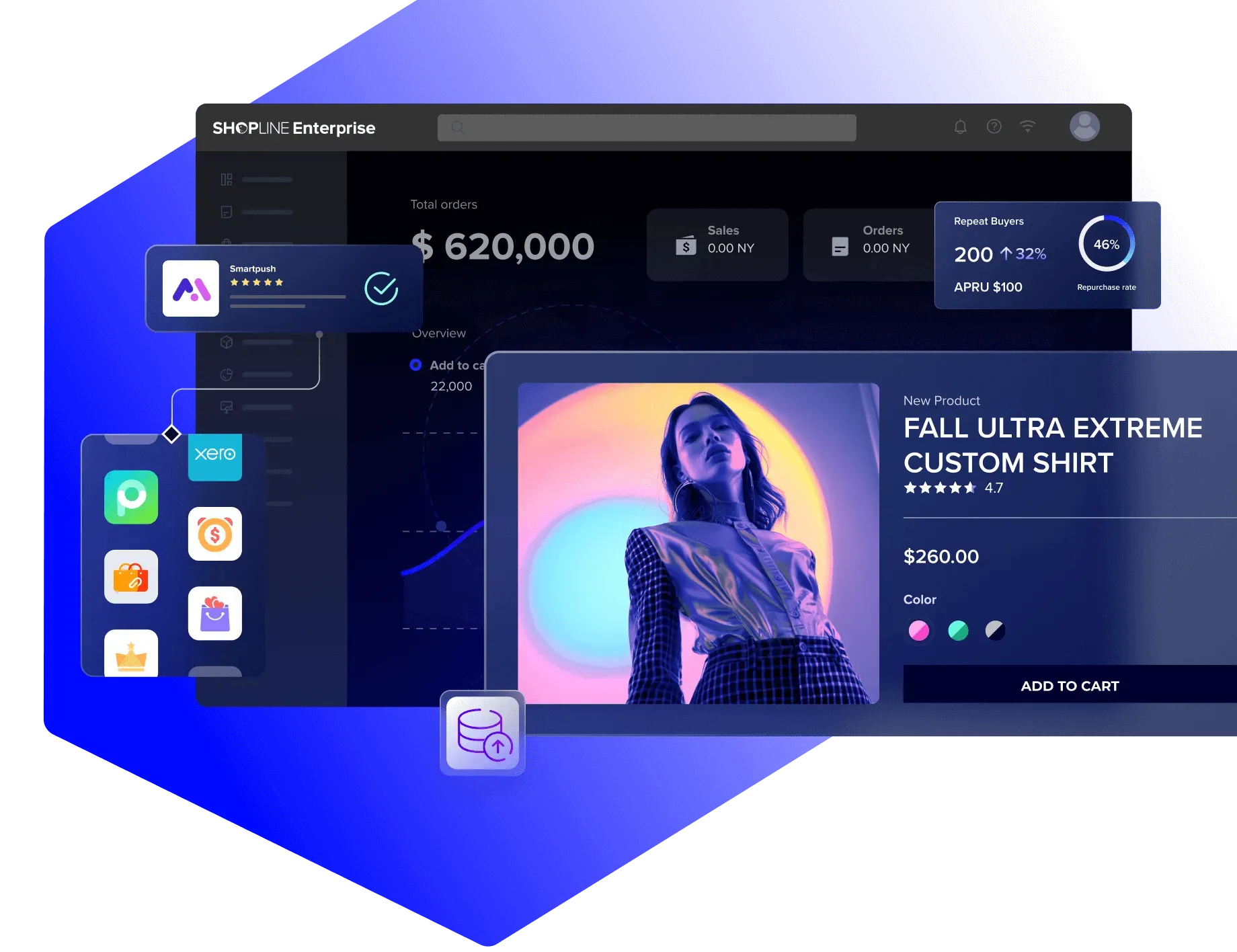 E-commerce dashboard showing total orders of $620,000 with a product card for a Fall Ultra Extreme Custom Shirt priced at $260 plus color options and add to cart button.