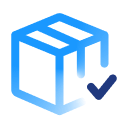 Blue icon of a box with a checkmark indicating inventory synchronization.