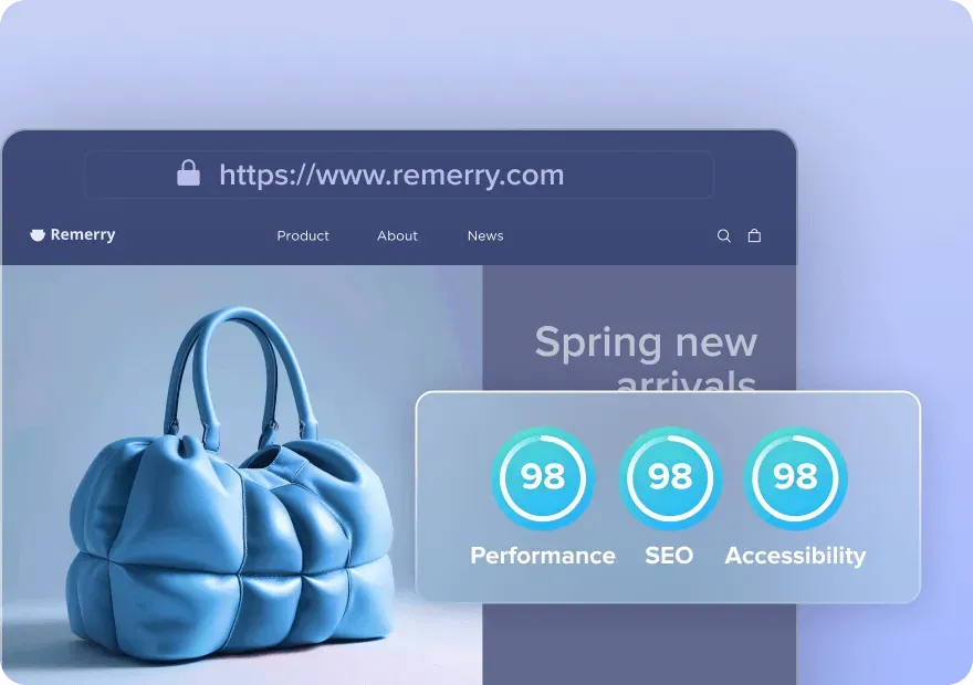 Website screenshot of remerry.com showing a blue quilted handbag and performance scores of 98 for Performance, SEO, and Accessibility.