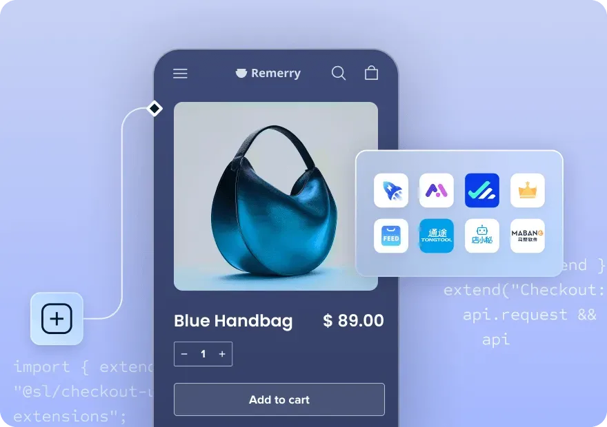 Mobile interface showing a blue handbag priced at $89.00 with quantity selector and Add to cart button.