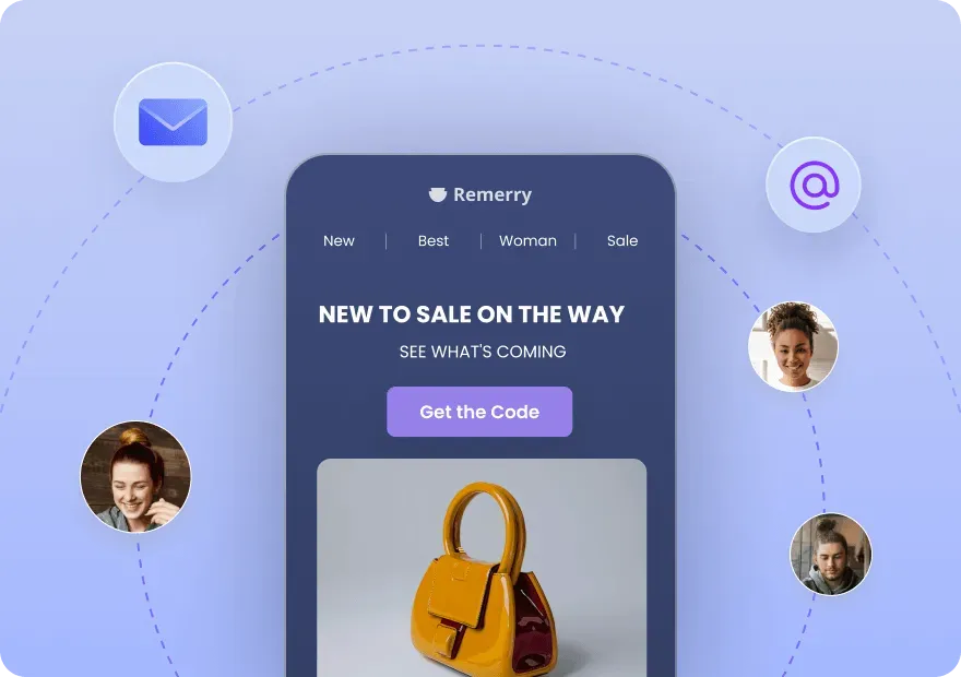 Digital marketing graphic showing a Remerry webpage with a yellow handbag, surrounded by email and avatar icons on a purple background.