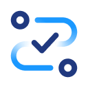 Blue gradient icon of a checkmark connected by curved lines between two circles.